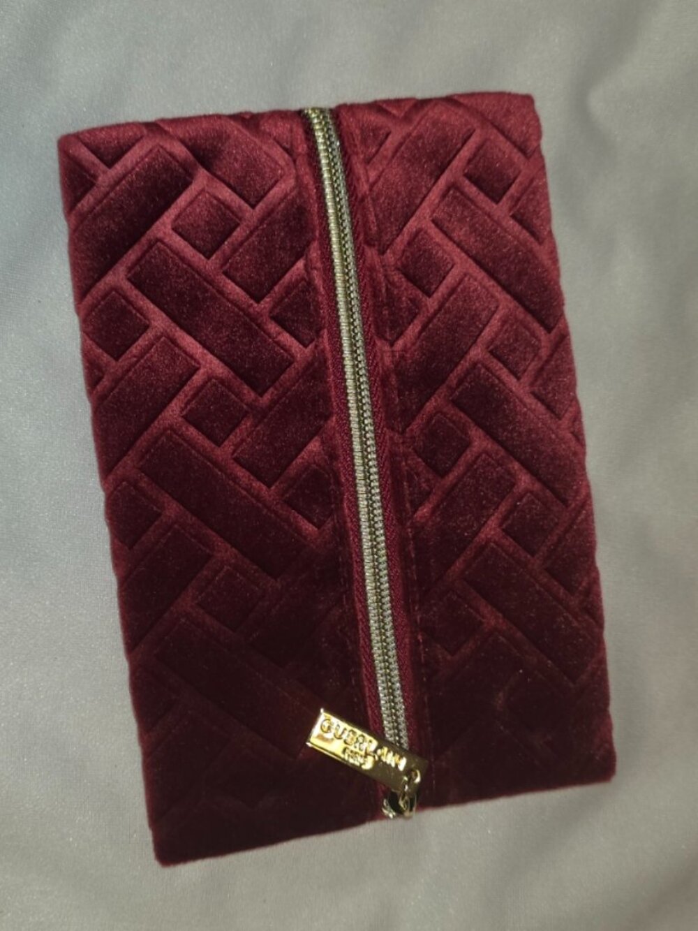 GUERLAIN Paris Small Red Velvet Autumn Pouch Gold Toned Zipper Burgundy Glam